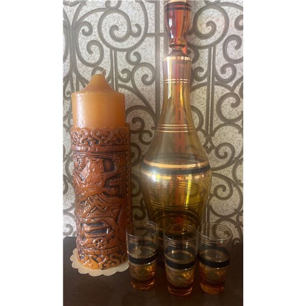 Decorative Amber Colored Decanter Set w/ Unique Candle 10