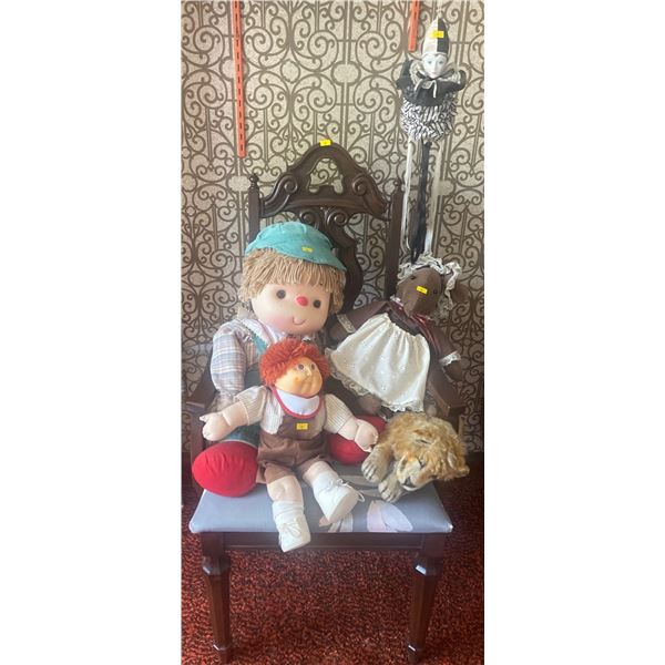 Vintage Upholstered Wood Chair w/ Collection of Stuffies