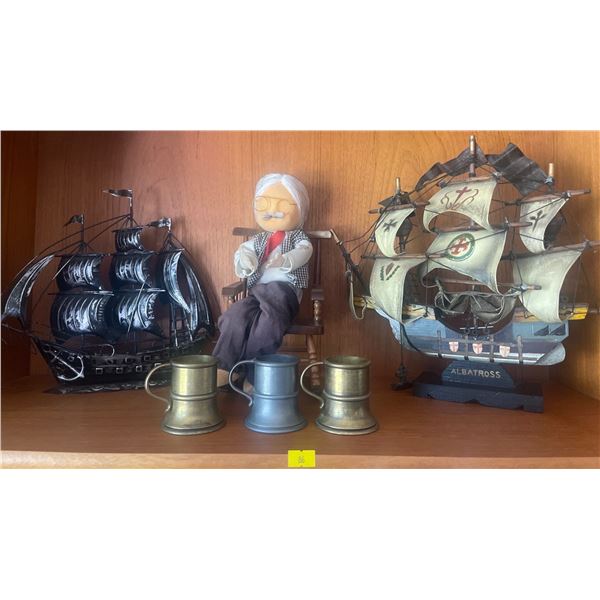 Collectable Boats 12x13 w/ Decorative Miniature Steins & Wood Rocking Chair