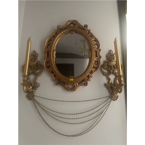 Beautiful Gold Toned Mirror w/ Unique Candle Sconces