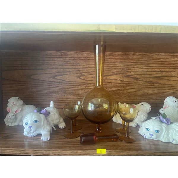 Orange Decanter Set w/ Glass Decorative Dogs & Animals