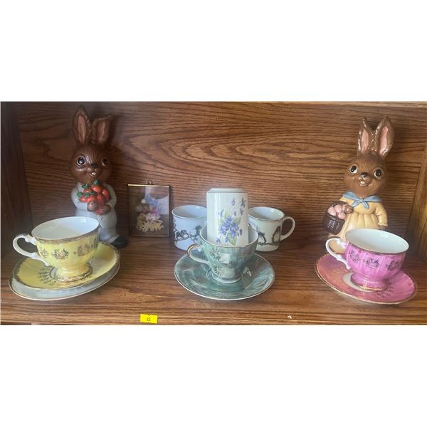 Antique Ceramic Bunny Figurines w/ Assorted Tea Cups & Saucers