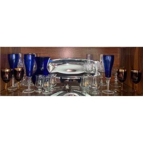 Assorted China Cabinet Finds Royal Blue Glassware Chrome Platter & More