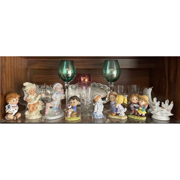 Colored Stemware Chrome Platter w/ Assorted Vintage Figurines