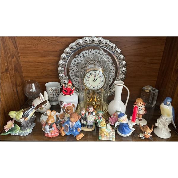 Chrome Serving Tray w/ Brass Vintage Clock & Collectable Miniatures