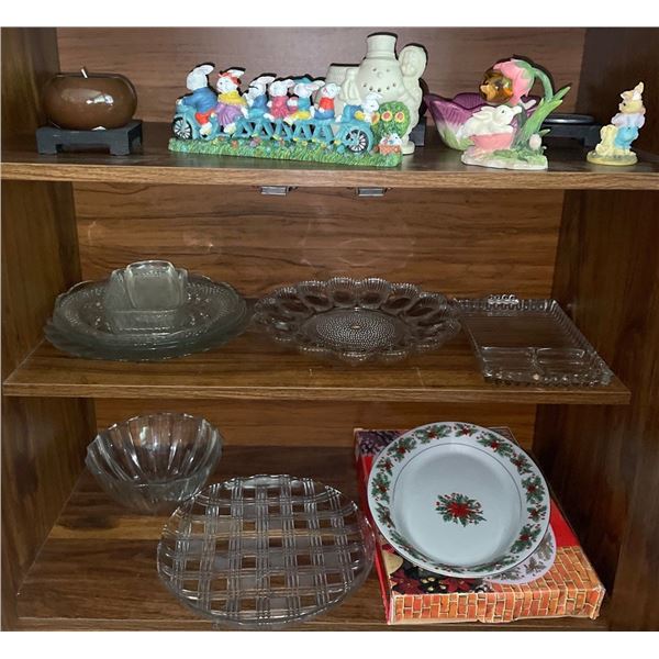 Assortment of Platters & Serving Dishes w/ Ceramic Figurines