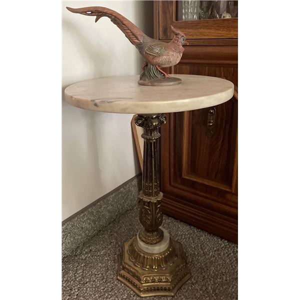 Marble & Brass Side Accent Table w/ Decorative Bird Idol 32T