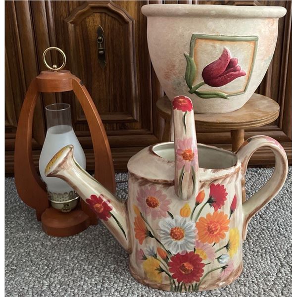 Decorative Glass Watering Canister w/ Clay Planter on Stand & Wood Accent Light