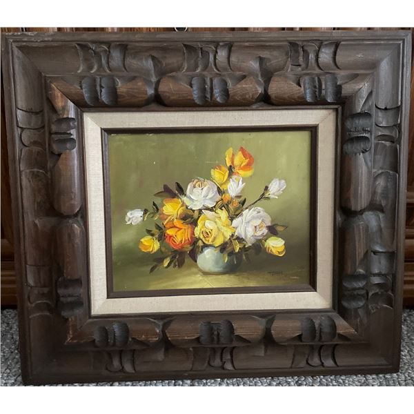 Vintage Hand Carved Wood Framed Floral Art 18x17