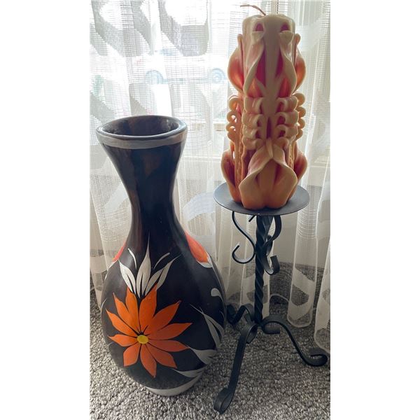 Attractive Wood Vase w/ Hand Made Decorative Candle on Stand