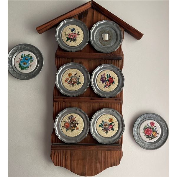 Miniature PEWTER Decorative Plates w/ Wood Stand
