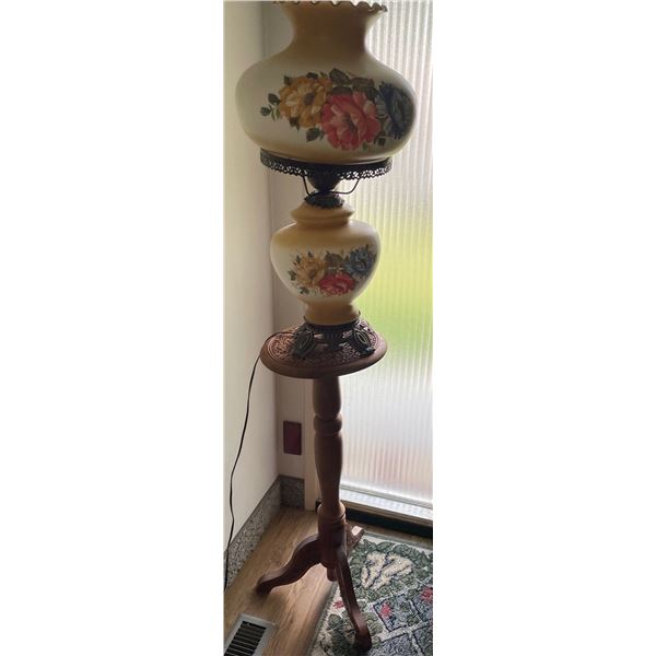 Antique Floral Print Lamp w/ Hand Carved Wood Stand 44T