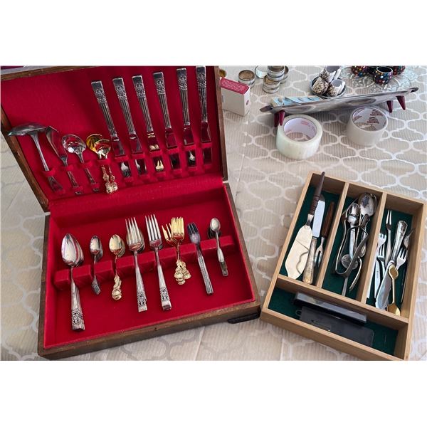 Vintage Dinnerware Serving Tools Utensils Silver Plate w/ Wood Storage Chest