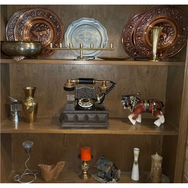 Antique Landline Telephone w/ Assorted Metalware & Collectables