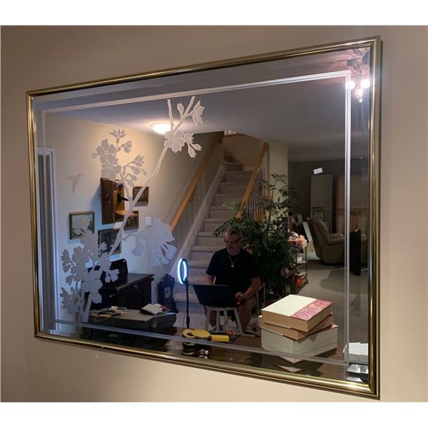 Large Etched Glass Mirror Brass Frame 49W x 38T