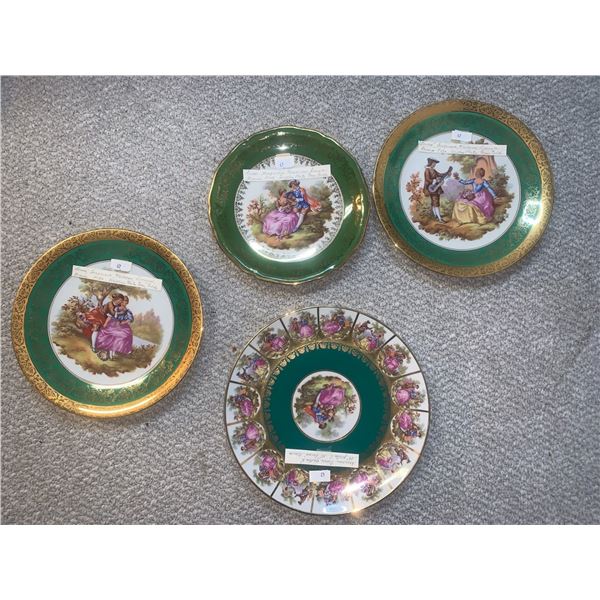 "lovers" decorative plates-- Green and gold; Meissner Limoges France and Dresden crown