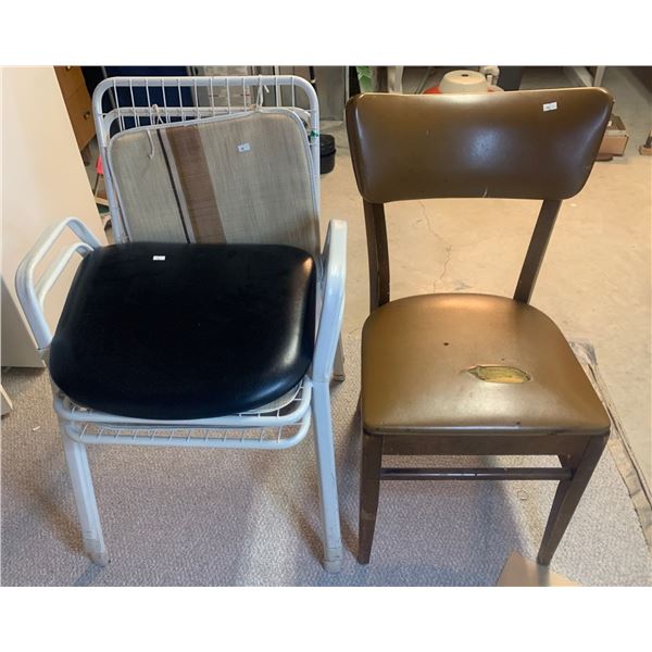 Set of vintage chairs; (2) white is 22W,  33T; brown is 16W and 32T, and a black cushion