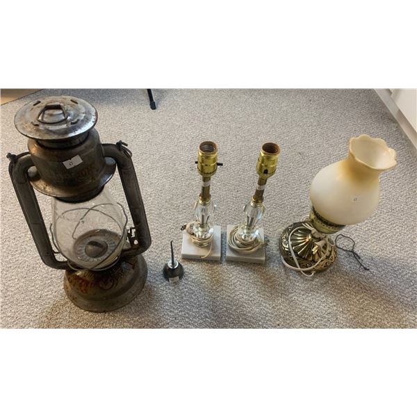 Vintage lantern and lamps; tallest is 15T