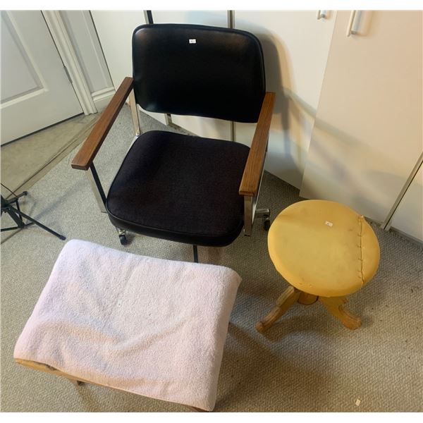 Vintage chair and stools; chair is 23w, 31T; circular stool is 13W, 19T; long stool is 22W, 17T