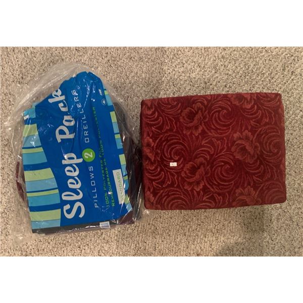 Set of an antique wooden stool with a  red velvet top, including various velvet stool/chair tops