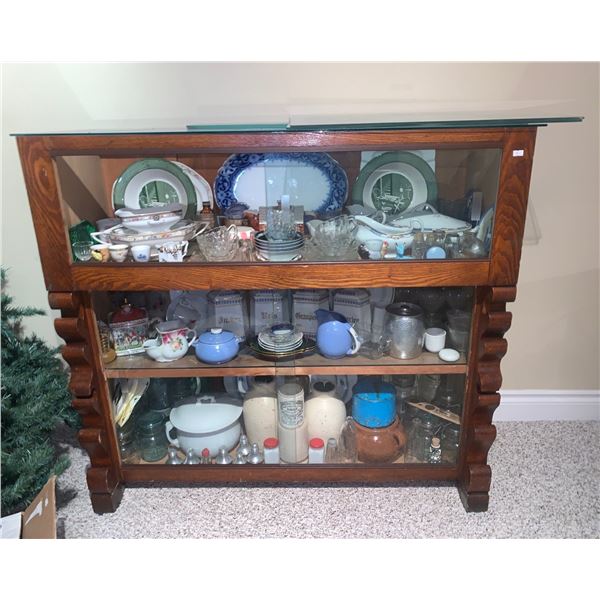 Antique wooden cabinet with extra glass for door, etc; 47W, 17D, 43T. *CONTENTS NOT INCLUDED