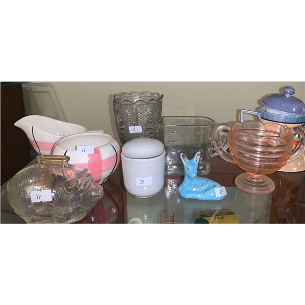 Kitchen miscellaneous items (gravy boat with cup, decorations, glasses, glass measuring cup, etc)