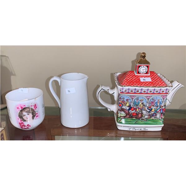 China; teapot, Sadler Made in England 'Championships'; broken cup, porcelain globe pottery co pitche