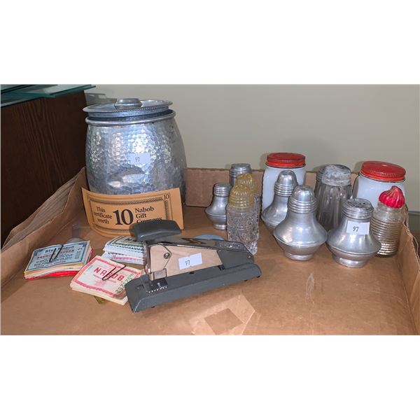 Kitchenware; jug,  a bunch of salt & pepper shakers, old stapler gun, and a lot of 'nabob' coupons