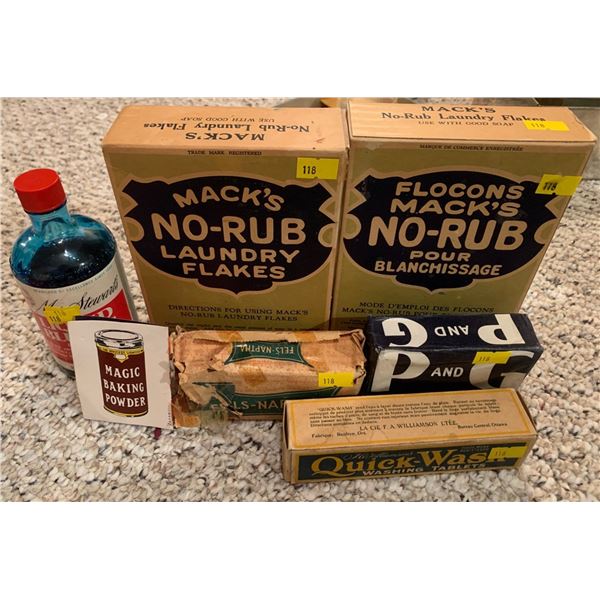 Antique cleaning/laundry items set; laundry fleas, liquid bluing, soaps