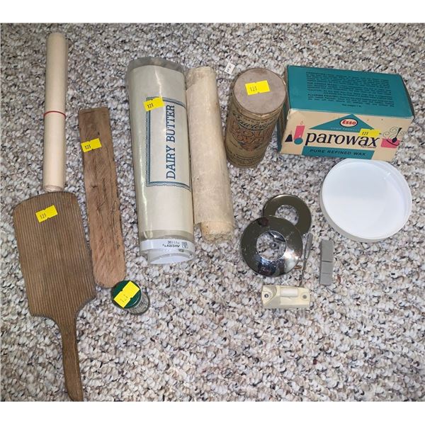 Antique kitchen item set; wax, roup powder, etc