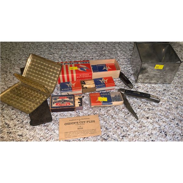 Antique matches, pocket knievs, cigarette holder, cigarette lighter, and more!