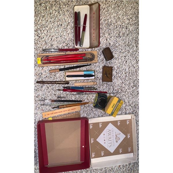 Set of Antique fountain pens, and ballpoint pens, with ink and rulers