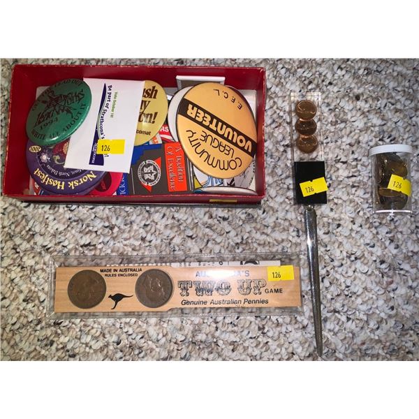 Vintage Pin collection and select coins (Canada cent 1967, Australian pennies)