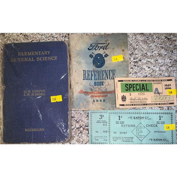Set of an old science book, Ford reference book, old ration stamp book, refund checks