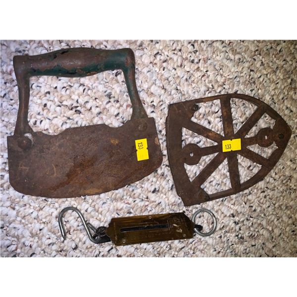 Antique metal food chopper, with old meat scale, and more