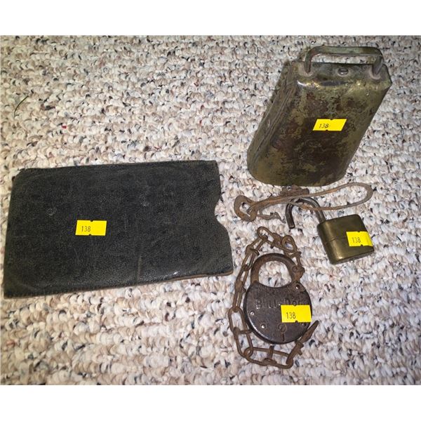 Antique padlock, lock, key, cow bell and more !