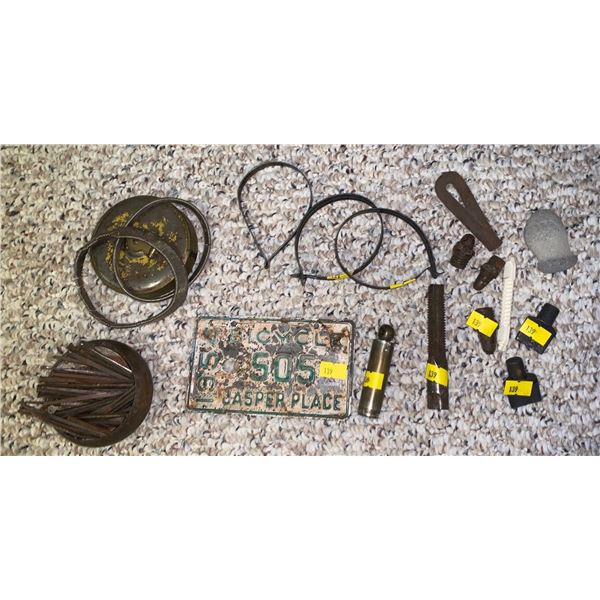 Antique tire gauge, bike plate,  and various parts