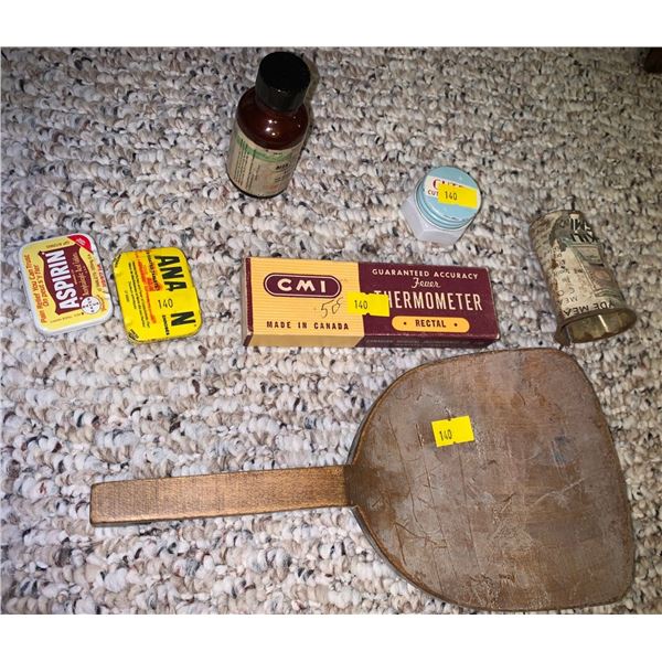 Antique home items; butter paddle, thermometer, formaldehyde measuring cup, pill boxes, cuticle box