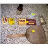 Image 1 : Antique home items; butter paddle, thermometer, formaldehyde measuring cup, pill boxes, cuticle box