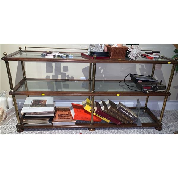 Vintage wooden and glass shelf  (55W, 16D, 27T)     **CONTENTS NOT INCLUDED