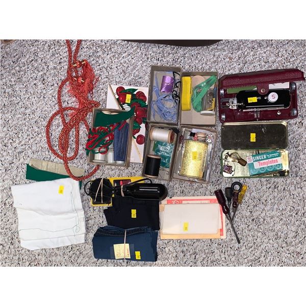 Set of  various sewing items including vintage singer button holder No. 160743 & tools