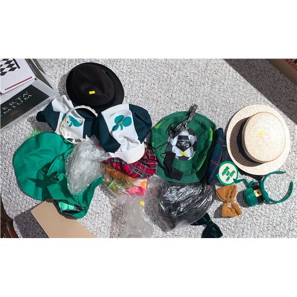 Set of various hats; some formal (Bilmore), some costume wear (ie. St Patty's), a fake wig, and more
