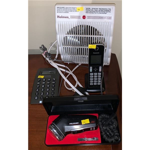Various Household Electronics (Phillishave, Holmes Bathroom heater, Panasonic phone, calculator)