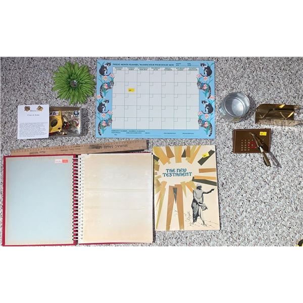 Various household items; Photo album, pen holder with calendar, rulers, bunch of pins and more!