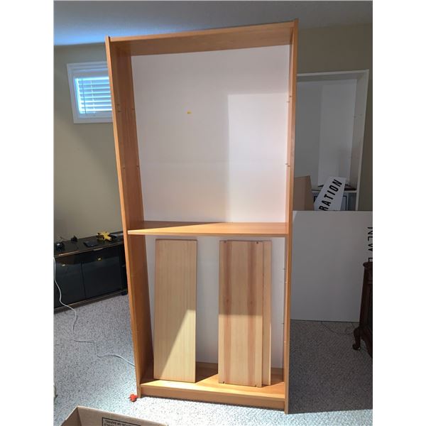 Tall Wooden shelving unit; has 4 wooden slabs; 36W; 11D; 80T