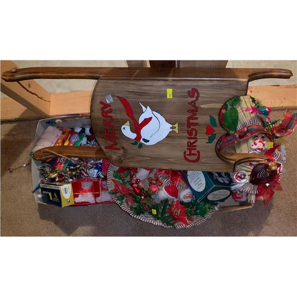 Various Christmas items; tiny wooden sleigh, decorated hats, ornaments, candle holders, and more!