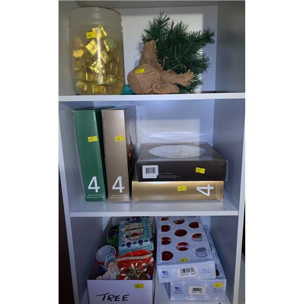 Various Christmas ornaments, decorations, and items, including small tree AND Pandora ornament 2015