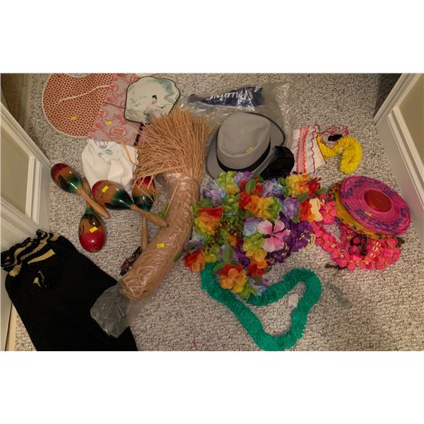 Various vacation mementos; hats, a sweater, maraca, Asian fan, and more!