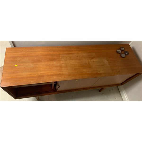 Wooden cabinet ; opens with 3 pull out drawers + 4 vintage furniture sliders + stool; 63W, 18D, 33T