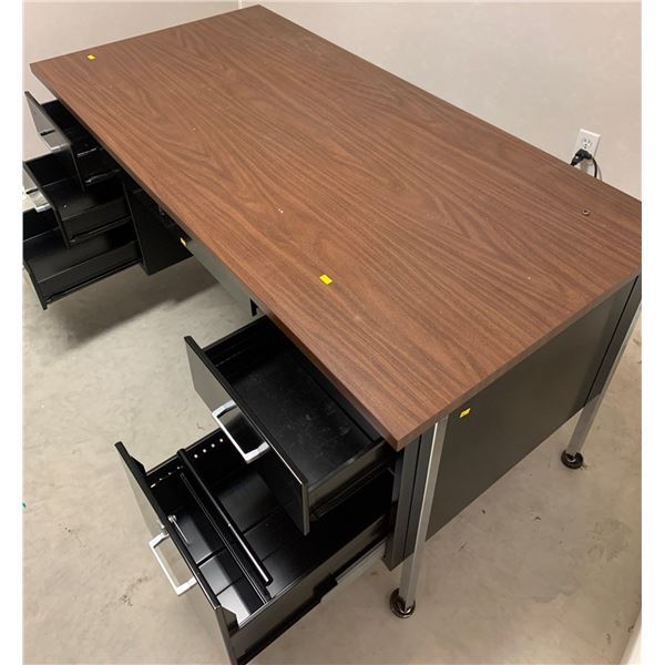 Wooden and metal desk; No key for desk, contents included; 60W, 30D, 30T
